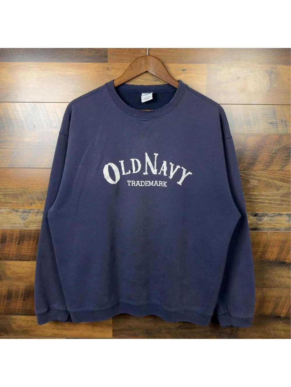 Y2K Old Navy Trademark Distressed Crewneck Sweatshirt Large Navy Spellout